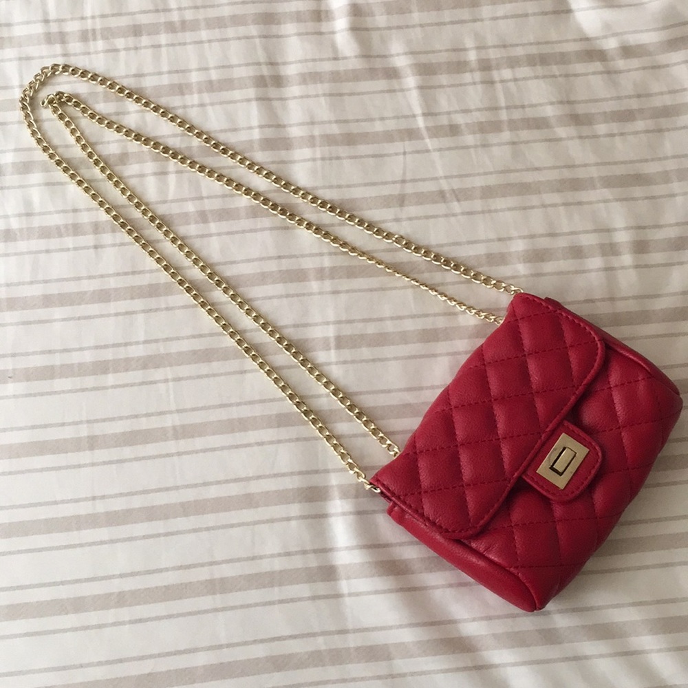 Cherry Red Quilted Hand Bag w/ Gold Chain